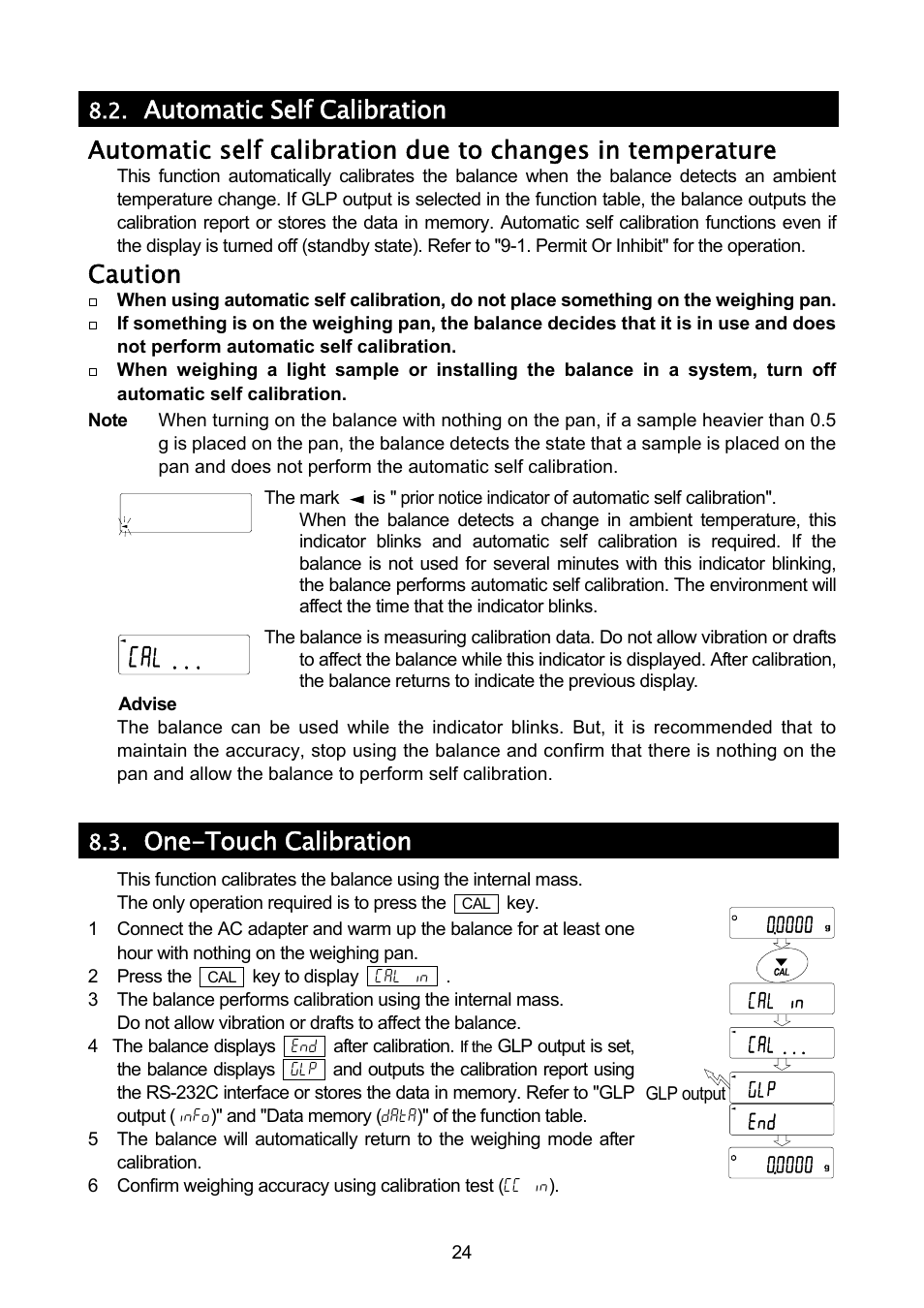 Caution, One-touch calibration | A&D A & D Analytical Balance GH-120/GH-200/GH-300/GH-202/GH-252 User Manual | Page 26 / 86