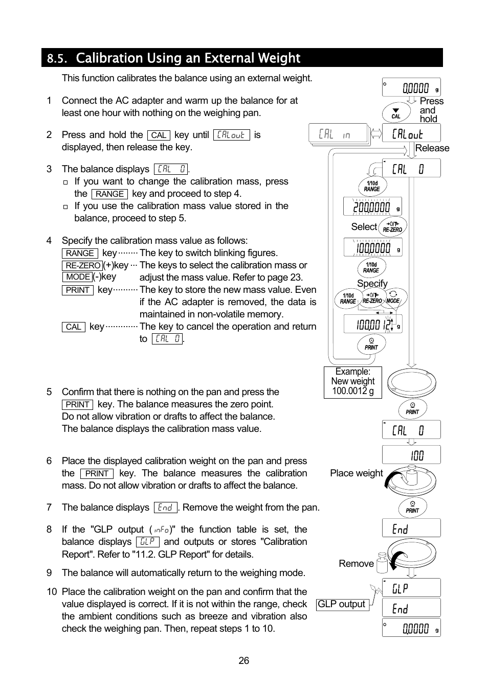 Calibration using an external weight | A&D A & D Analytical Balance GH-120/GH-200/GH-300/GH-202/GH-252 User Manual | Page 28 / 86