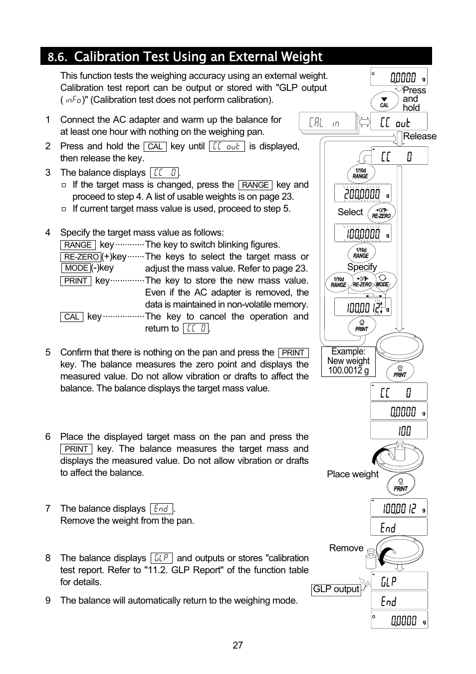 Calibration test using an external weight | A&D A & D Analytical Balance GH-120/GH-200/GH-300/GH-202/GH-252 User Manual | Page 29 / 86