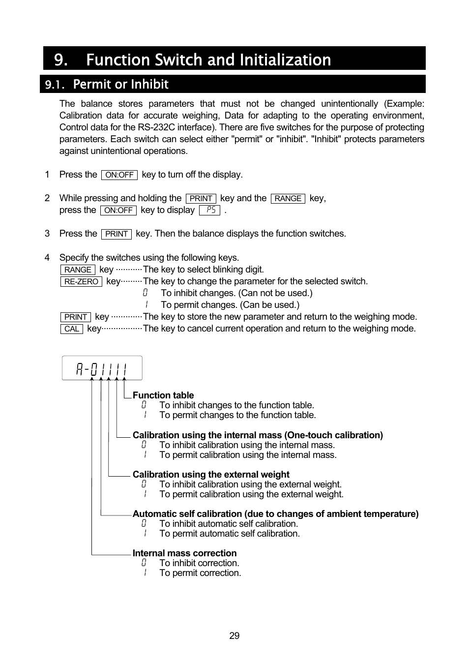 Function switch and initialization, Permit or inhibit | A&D A & D Analytical Balance GH-120/GH-200/GH-300/GH-202/GH-252 User Manual | Page 31 / 86