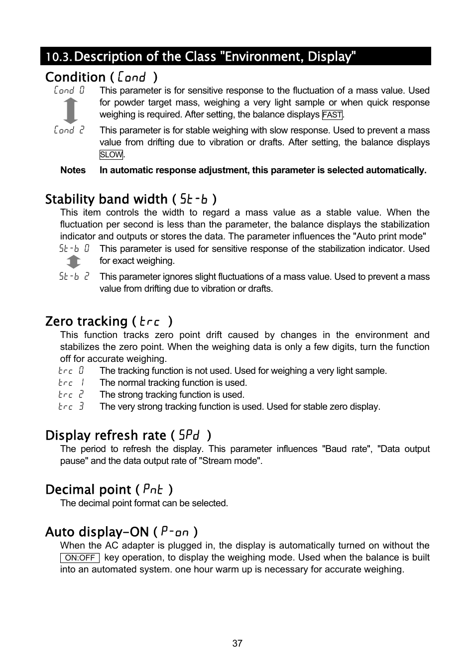 Stability band width ( 5t-b ), Zero tracking ( trc ), Display refresh rate ( 5pd ) | Decimal point ( pnt ), Auto display-on ( p-on ) | A&D A & D Analytical Balance GH-120/GH-200/GH-300/GH-202/GH-252 User Manual | Page 39 / 86