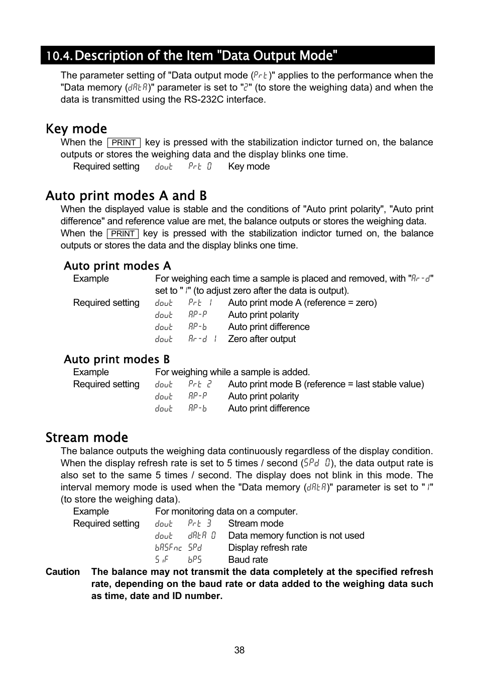 Description of the item "data output mode, Key mode, Auto print modes a and b | Stream mode | A&D A & D Analytical Balance GH-120/GH-200/GH-300/GH-202/GH-252 User Manual | Page 40 / 86