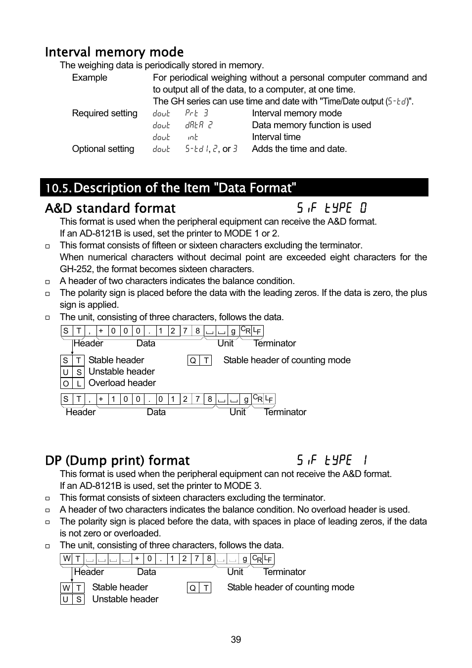 Dp (dump print) format 5if type 1 | A&D A & D Analytical Balance GH-120/GH-200/GH-300/GH-202/GH-252 User Manual | Page 41 / 86