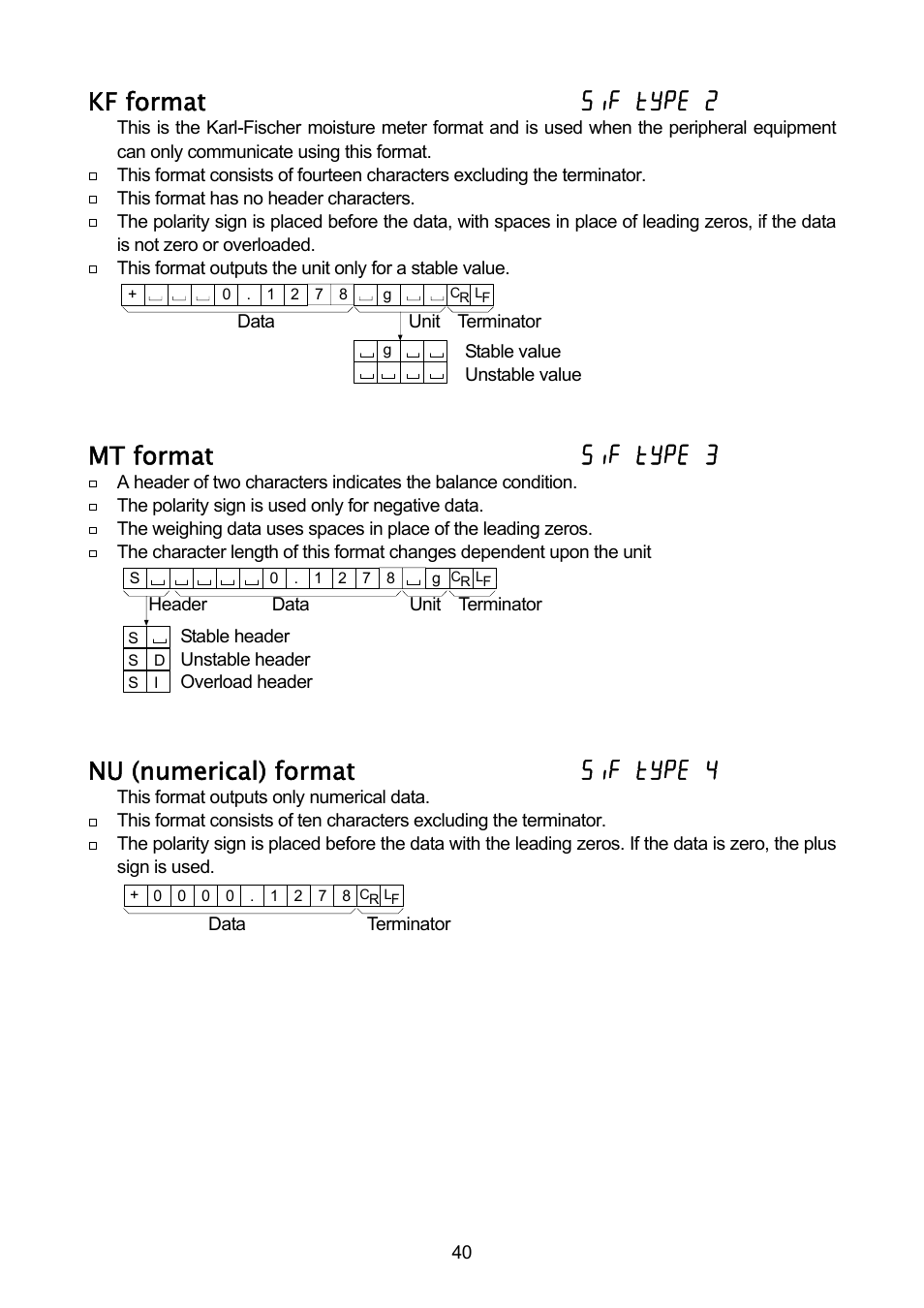 Kf format 5if type 2, Mt format 5if type 3, Nu (numerical) format 5if type 4 | A&D A & D Analytical Balance GH-120/GH-200/GH-300/GH-202/GH-252 User Manual | Page 42 / 86