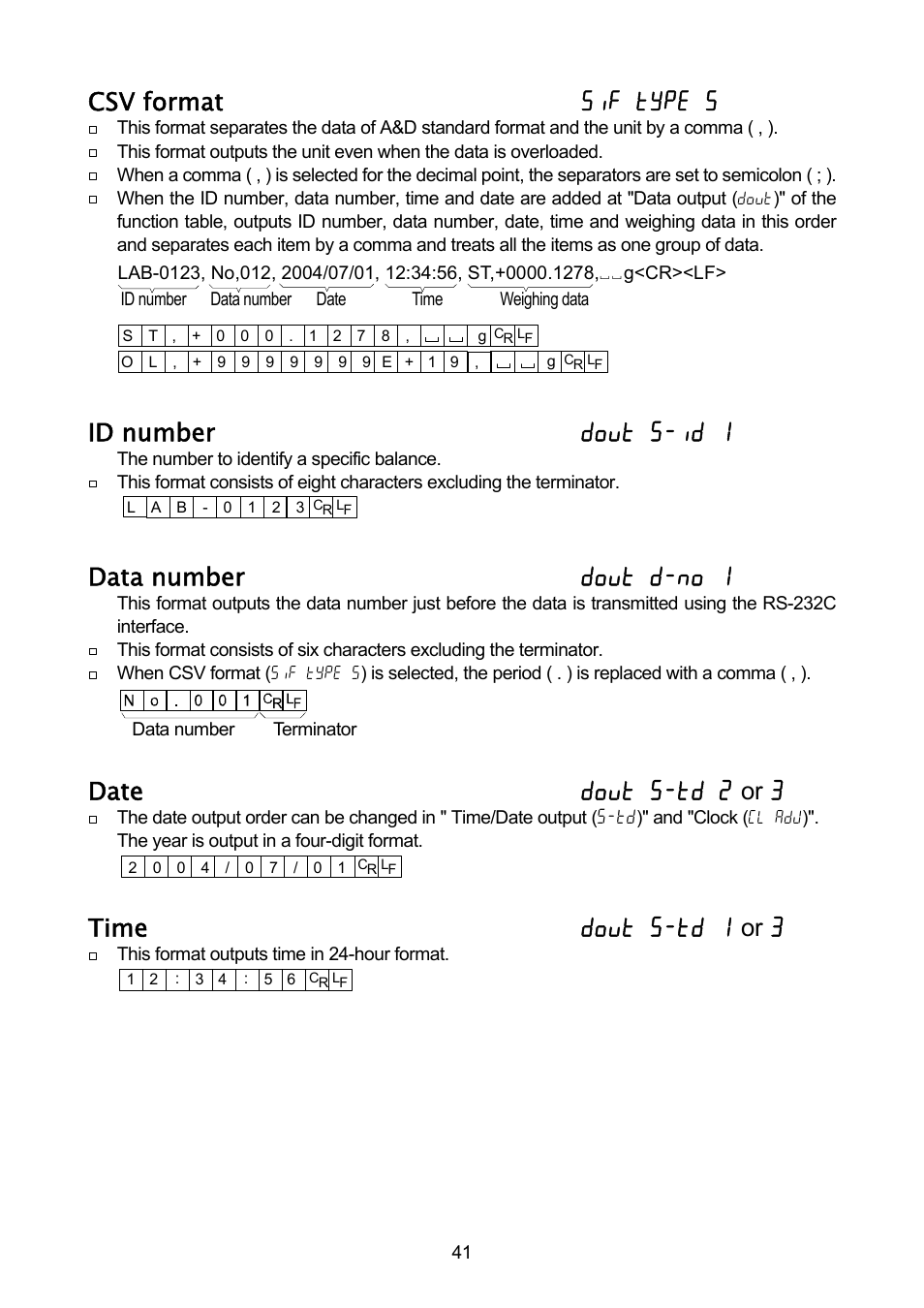 Csv format 5if type 5, Id number dout 5-id 1, Data number dout d-no 1 | Date dout 5-td 2 or 3, Time dout 5-td 1 or 3 | A&D A & D Analytical Balance GH-120/GH-200/GH-300/GH-202/GH-252 User Manual | Page 43 / 86