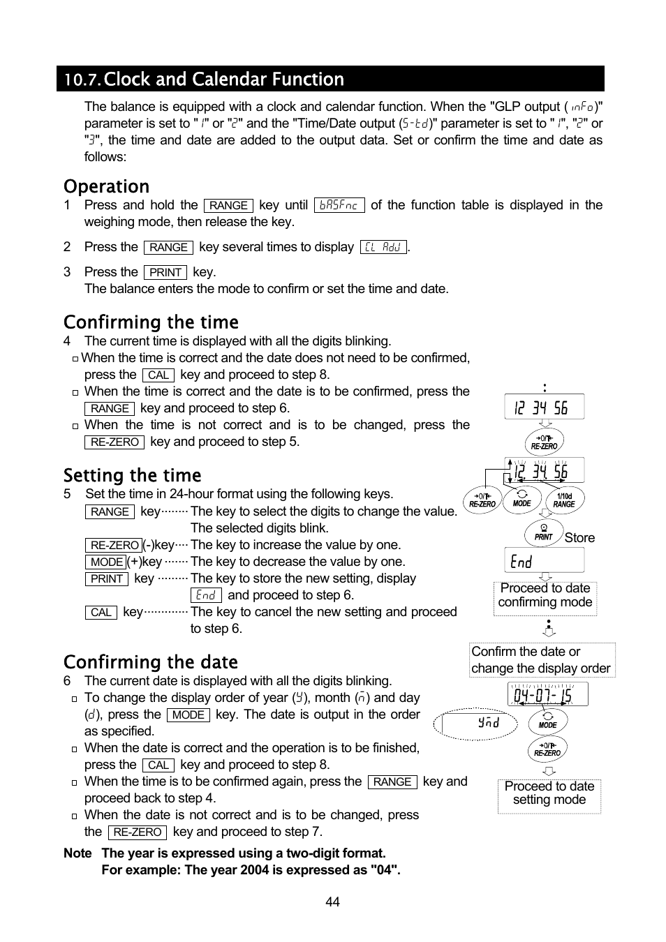 Clock and calendar function, Operation, Confirming the time | Setting the time, Confirming the date | A&D A & D Analytical Balance GH-120/GH-200/GH-300/GH-202/GH-252 User Manual | Page 46 / 86