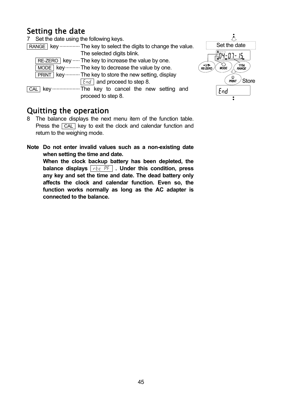 Setting the date, Quitting the operation | A&D A & D Analytical Balance GH-120/GH-200/GH-300/GH-202/GH-252 User Manual | Page 47 / 86