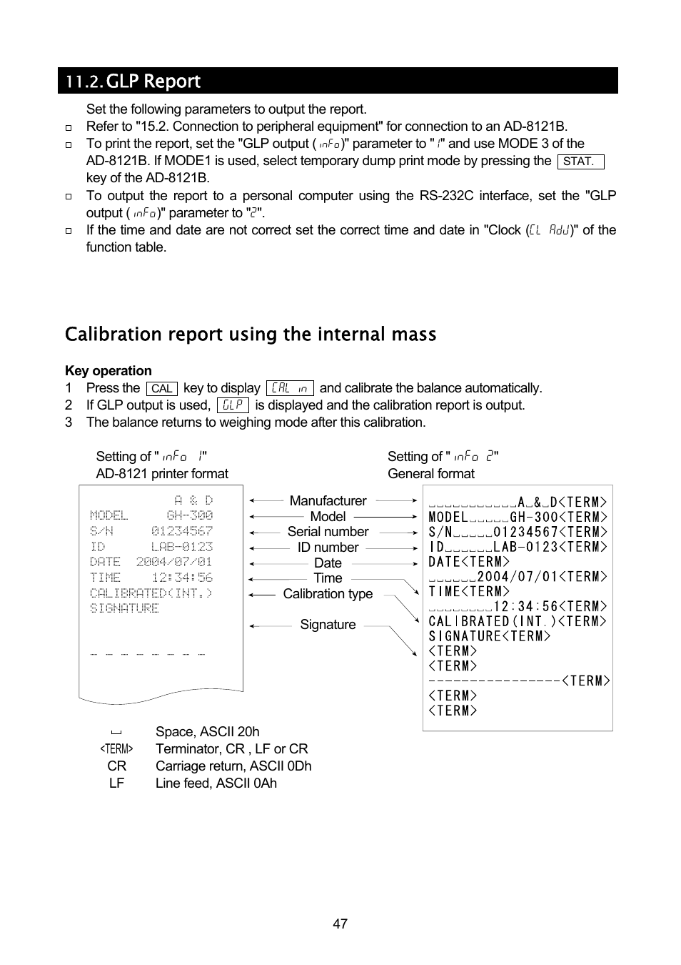 Glp report, Calibration report using the internal mass | A&D A & D Analytical Balance GH-120/GH-200/GH-300/GH-202/GH-252 User Manual | Page 49 / 86