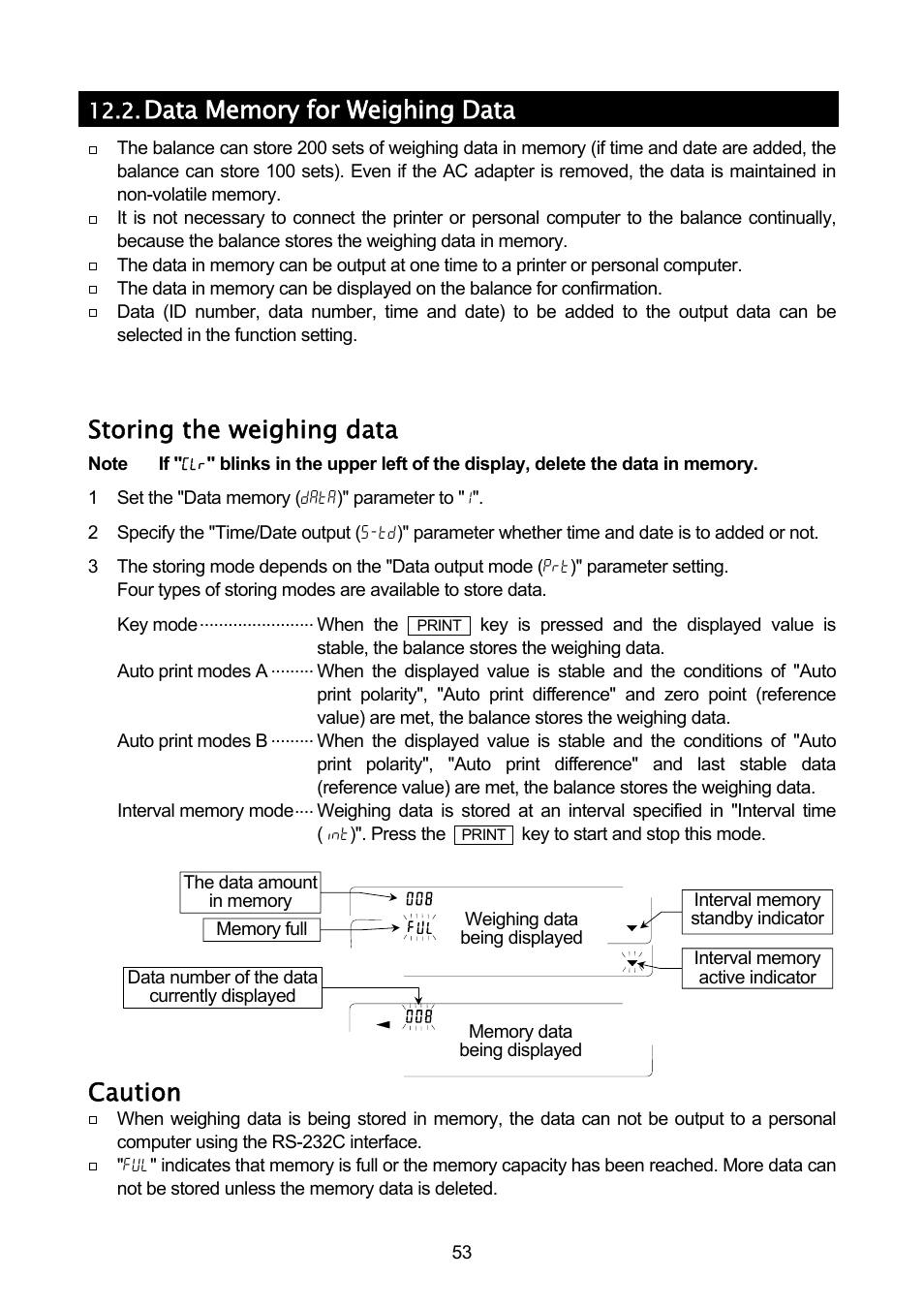 Storing the weighing data, Caution | A&D A & D Analytical Balance GH-120/GH-200/GH-300/GH-202/GH-252 User Manual | Page 55 / 86