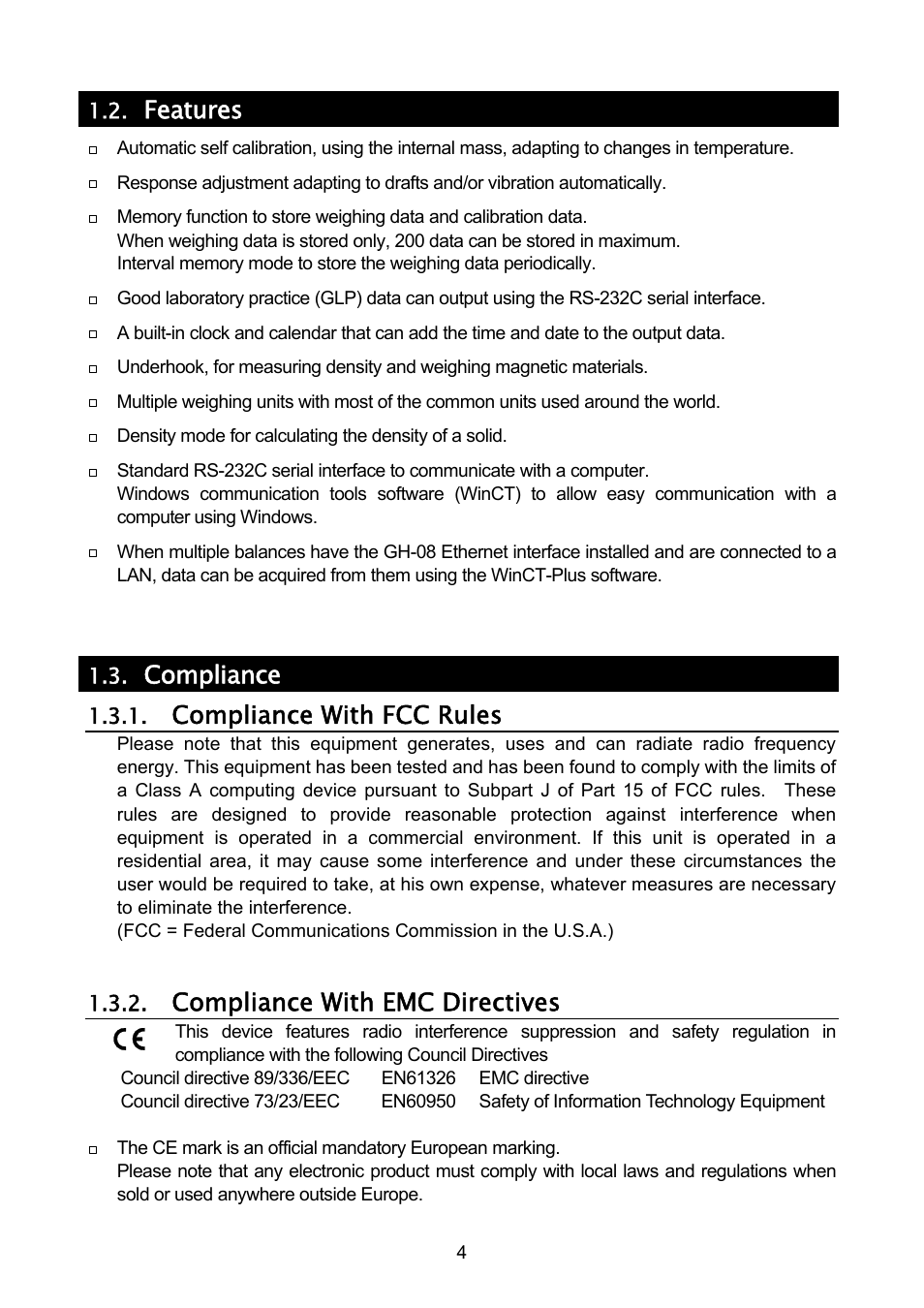 Features, Compliance, Compliance with fcc rules | Compliance with emc directives | A&D A & D Analytical Balance GH-120/GH-200/GH-300/GH-202/GH-252 User Manual | Page 6 / 86