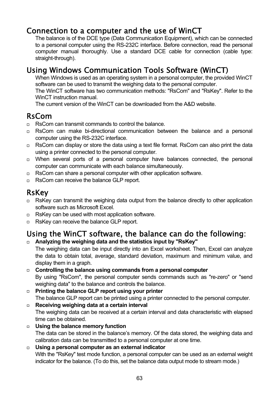 Connection to a computer and the use of winct, Using windows communication tools software (winct), Rscom | Rskey | A&D A & D Analytical Balance GH-120/GH-200/GH-300/GH-202/GH-252 User Manual | Page 65 / 86