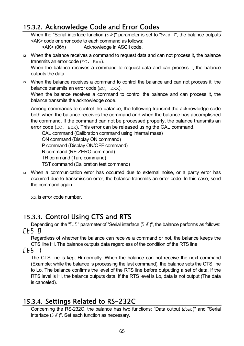 Acknowledge code and error codes, Control using cts and rts, Ct5 0 | Ct5 1, Settings related to rs-232c | A&D A & D Analytical Balance GH-120/GH-200/GH-300/GH-202/GH-252 User Manual | Page 67 / 86