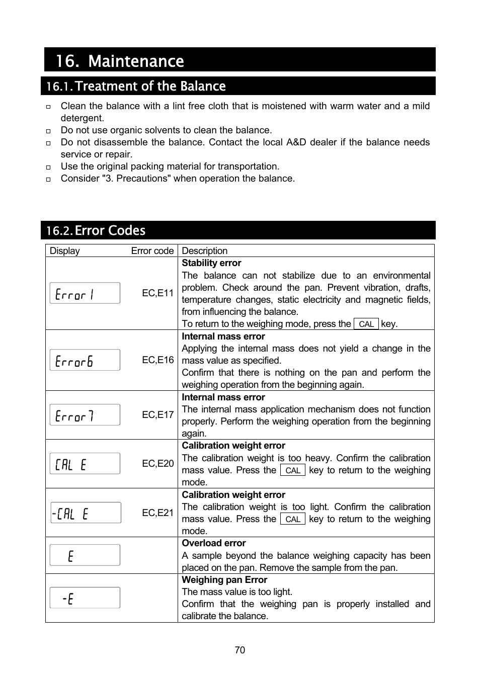 Maintenance, Treatment of the balance, Error codes | A&D A & D Analytical Balance GH-120/GH-200/GH-300/GH-202/GH-252 User Manual | Page 72 / 86