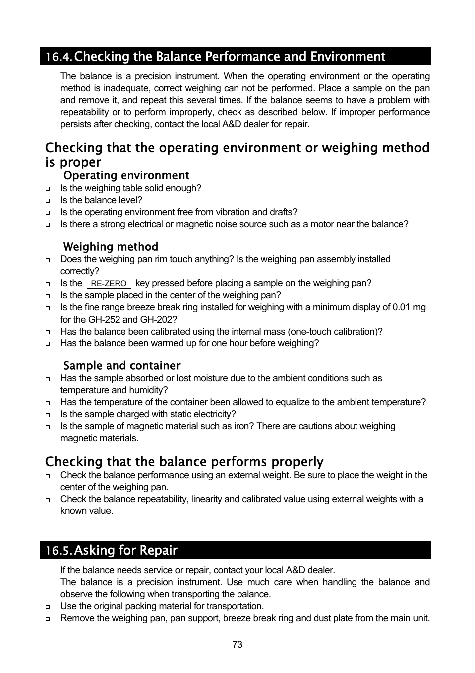 Checking the balance performance and environment, Checking that the balance performs properly, Asking for repair | A&D A & D Analytical Balance GH-120/GH-200/GH-300/GH-202/GH-252 User Manual | Page 75 / 86