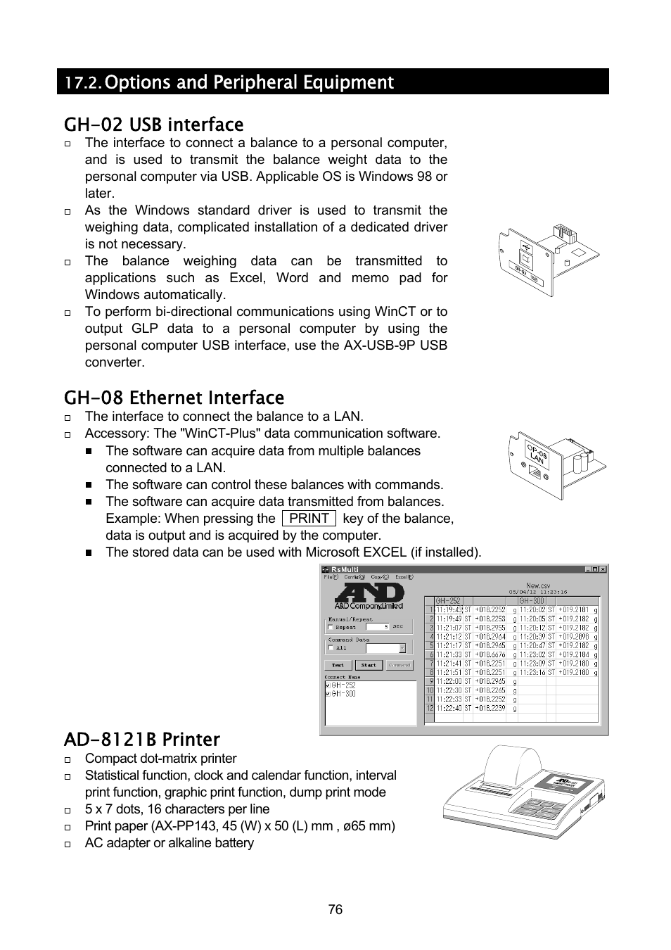 Options and peripheral equipment, Gh-02 usb interface, Gh-08 ethernet interface | Ad-8121b printer | A&D A & D Analytical Balance GH-120/GH-200/GH-300/GH-202/GH-252 User Manual | Page 78 / 86