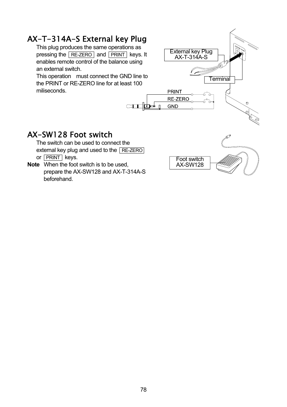 Ax-t-314a-s external key plug, Ax-sw128 foot switch | A&D A & D Analytical Balance GH-120/GH-200/GH-300/GH-202/GH-252 User Manual | Page 80 / 86