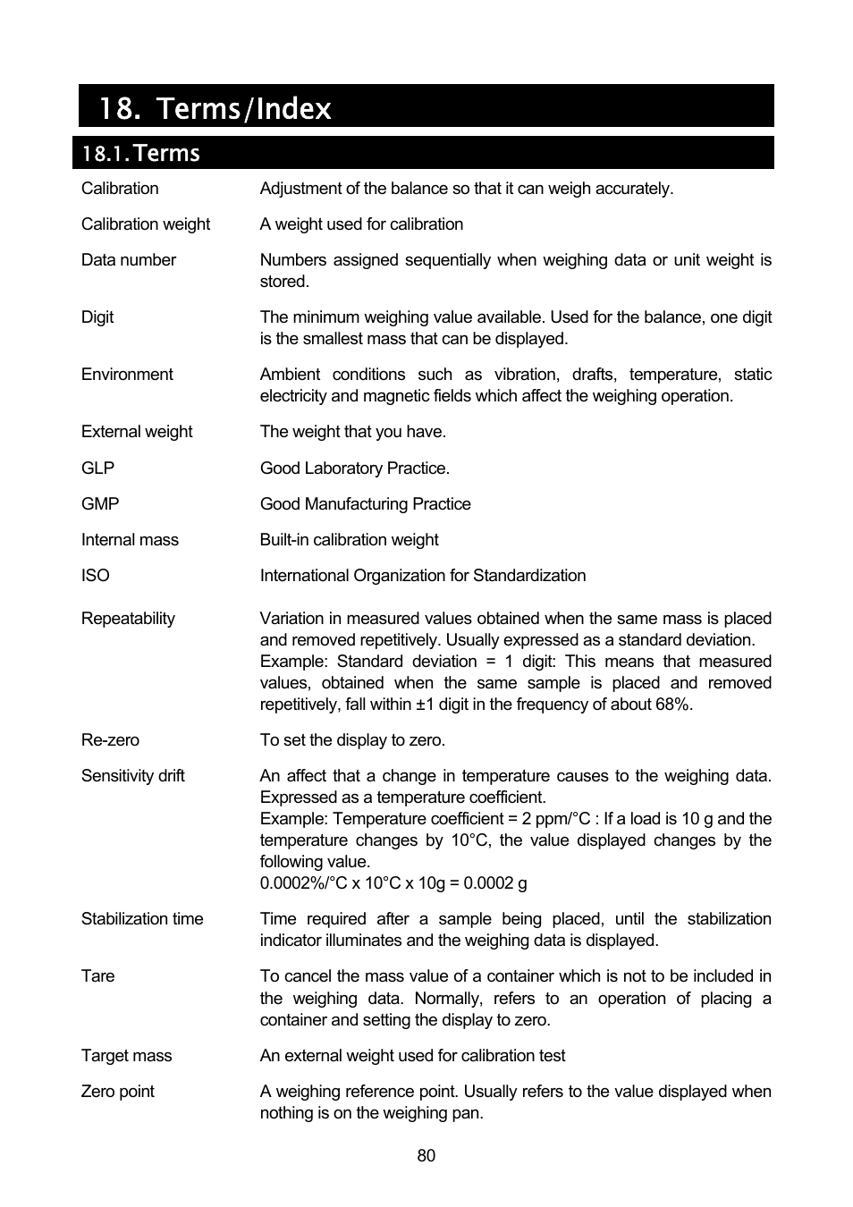 Terms/index, Terms | A&D A & D Analytical Balance GH-120/GH-200/GH-300/GH-202/GH-252 User Manual | Page 82 / 86