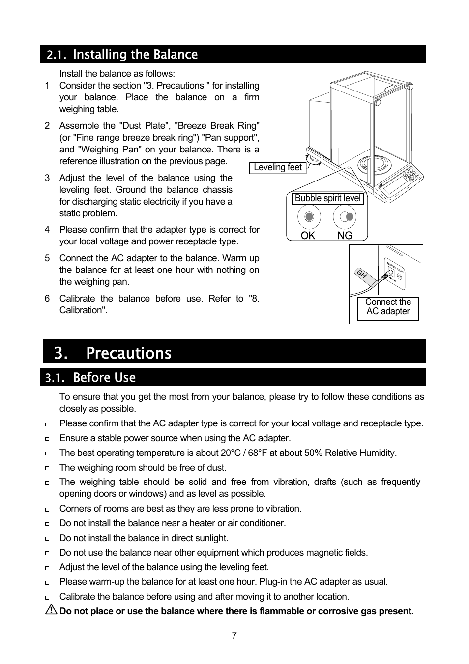 Precautions, Installing the balance, Before use | A&D A & D Analytical Balance GH-120/GH-200/GH-300/GH-202/GH-252 User Manual | Page 9 / 86