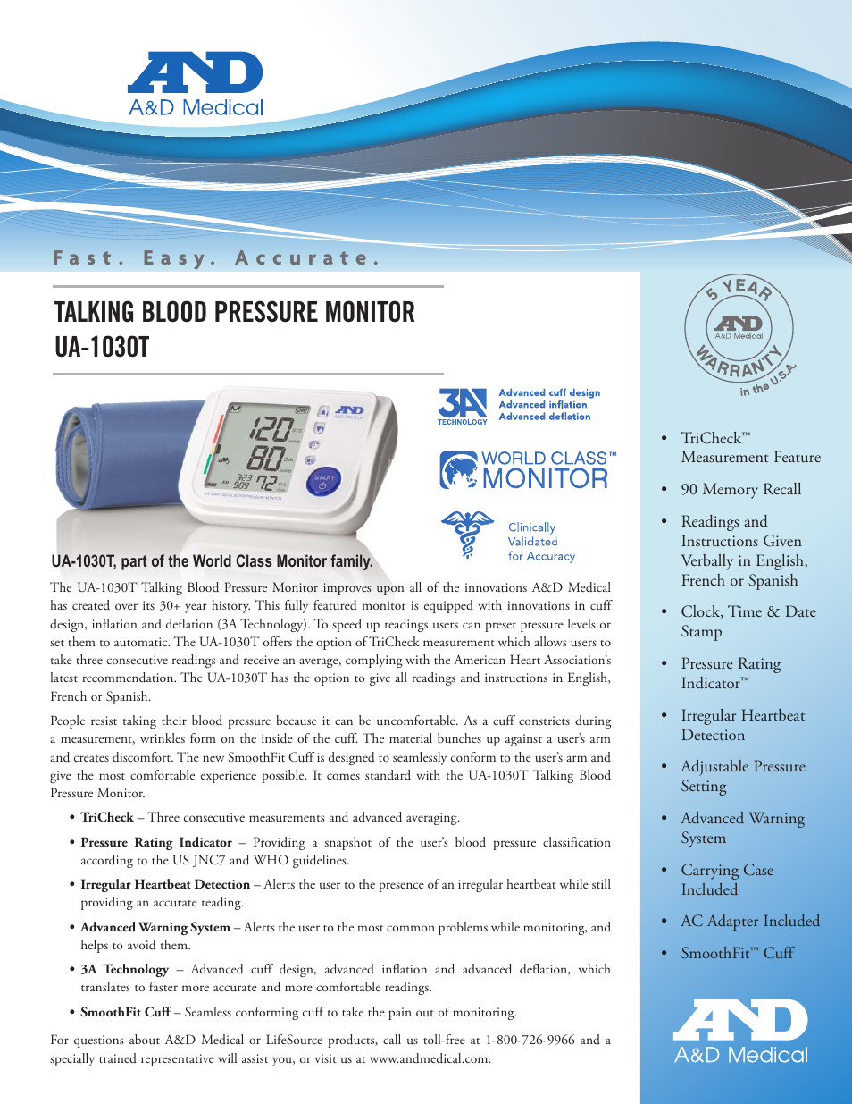 A&D Talking Blood Pressure Monitor UA-1030T User Manual | 2 pages