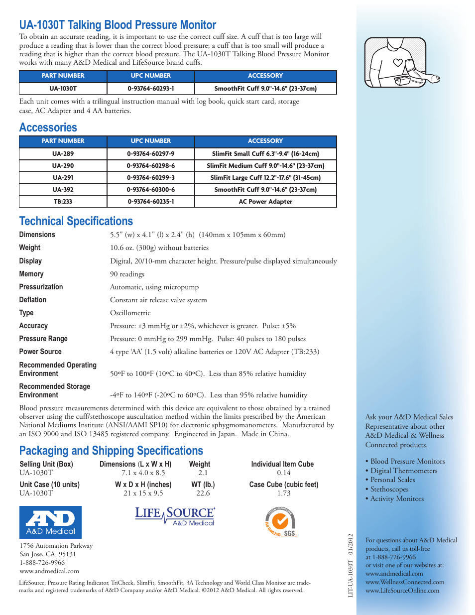Ua-1030t talking blood pressure monitor, Accessories, Technical specifications | Packaging and shipping specifications | A&D Talking Blood Pressure Monitor UA-1030T User Manual | Page 2 / 2