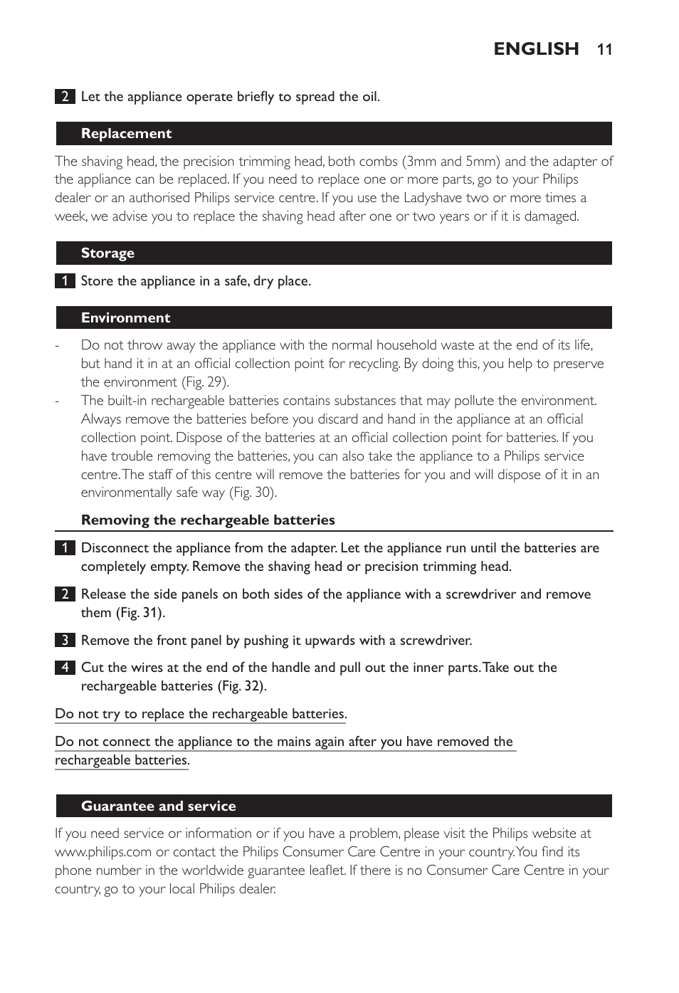 English | Philips Ladyshave Sensitive User Manual | Page 11 / 108