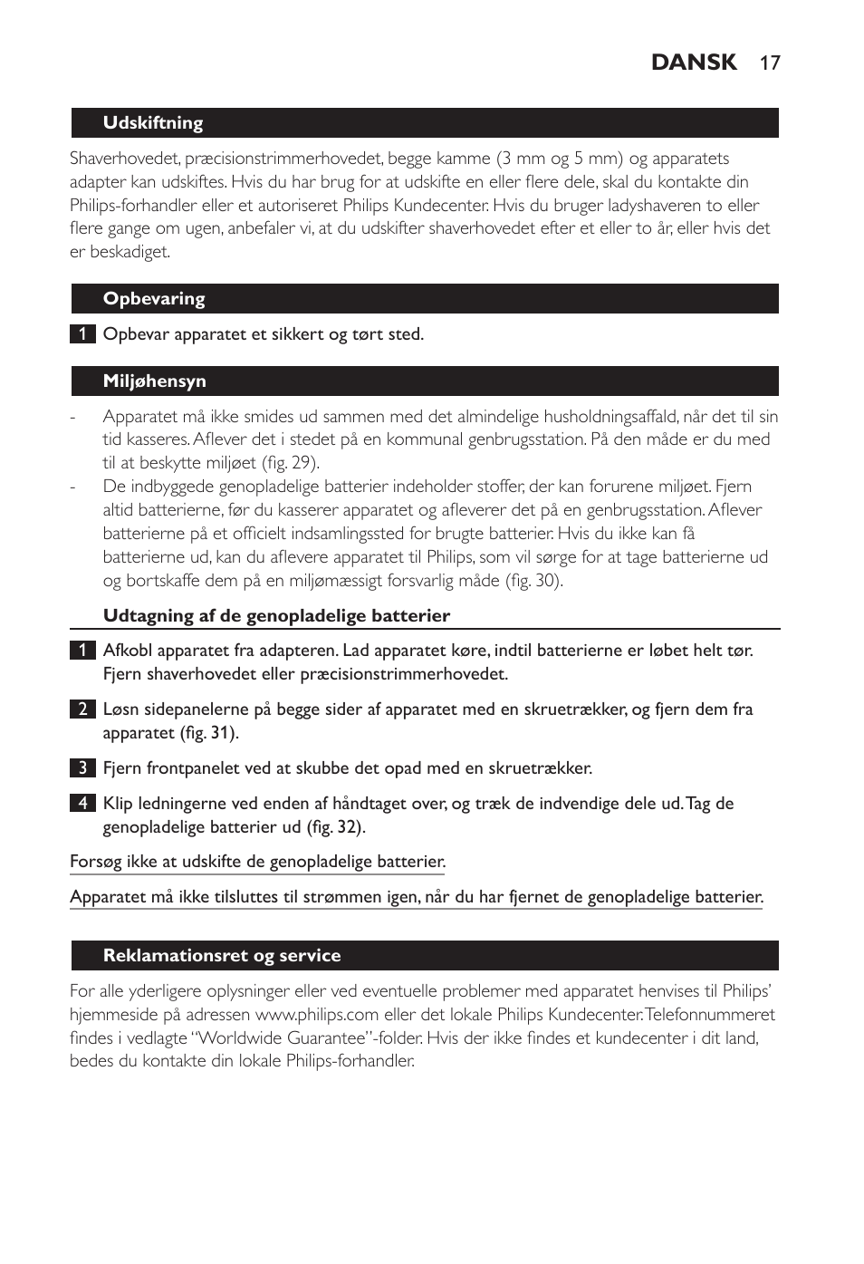 Dansk | Philips Ladyshave Sensitive User Manual | Page 17 / 108