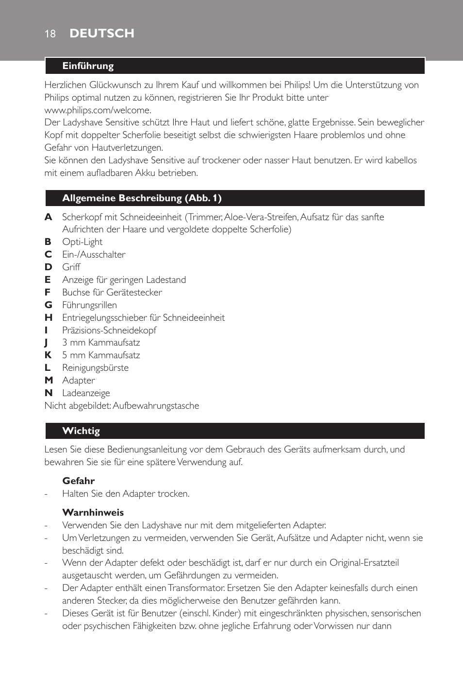 Deutsch | Philips Ladyshave Sensitive User Manual | Page 18 / 108