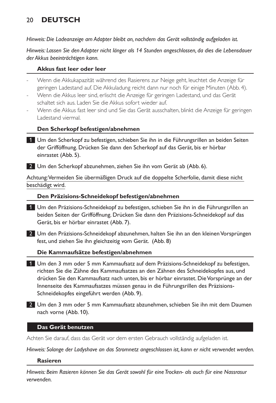 Deutsch | Philips Ladyshave Sensitive User Manual | Page 20 / 108