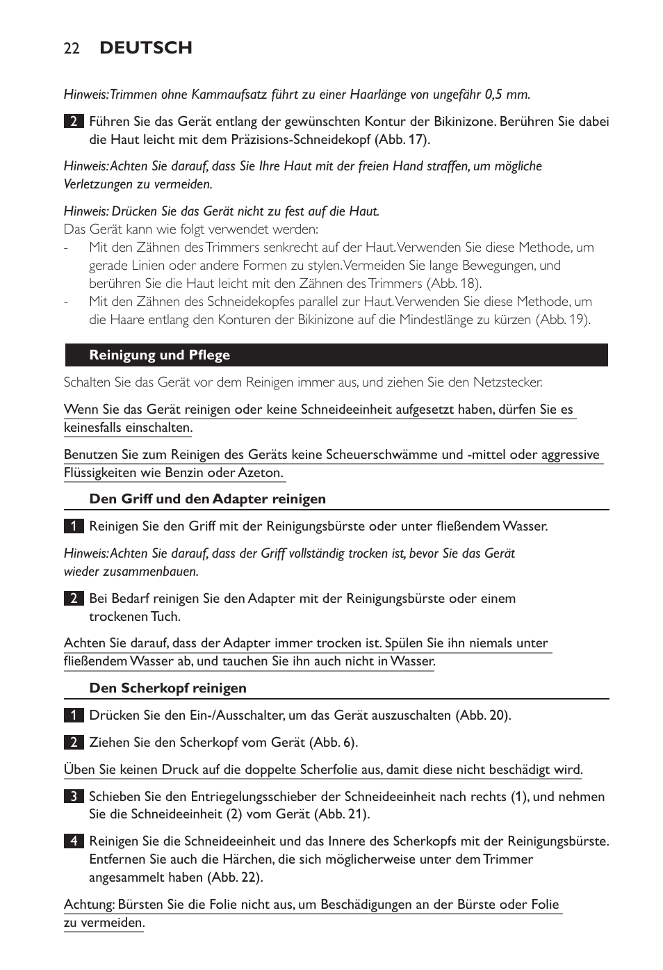 Deutsch | Philips Ladyshave Sensitive User Manual | Page 22 / 108