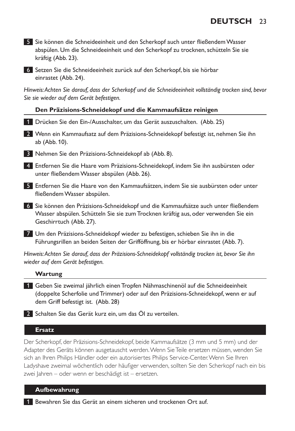 Deutsch | Philips Ladyshave Sensitive User Manual | Page 23 / 108