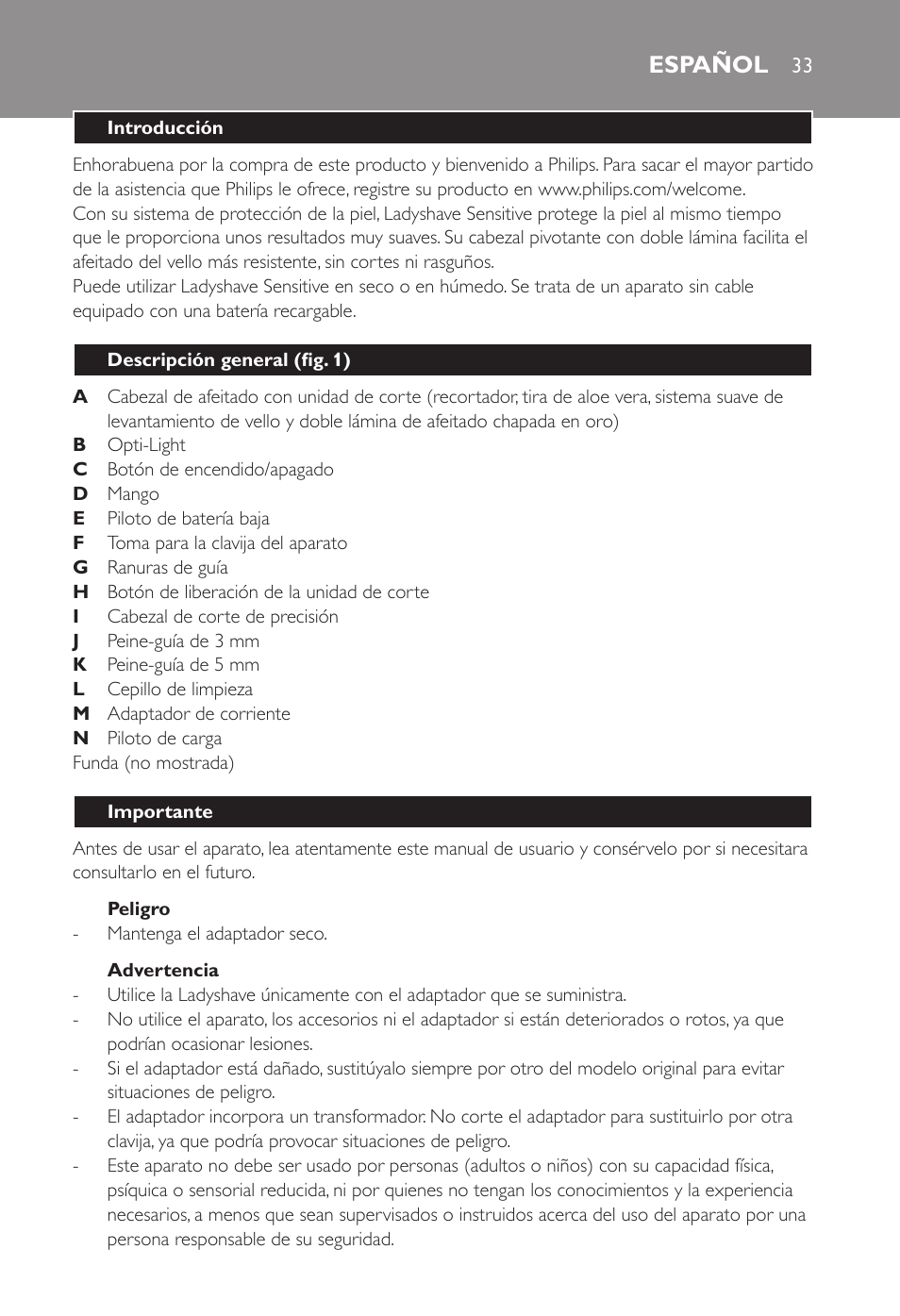 Español | Philips Ladyshave Sensitive User Manual | Page 33 / 108