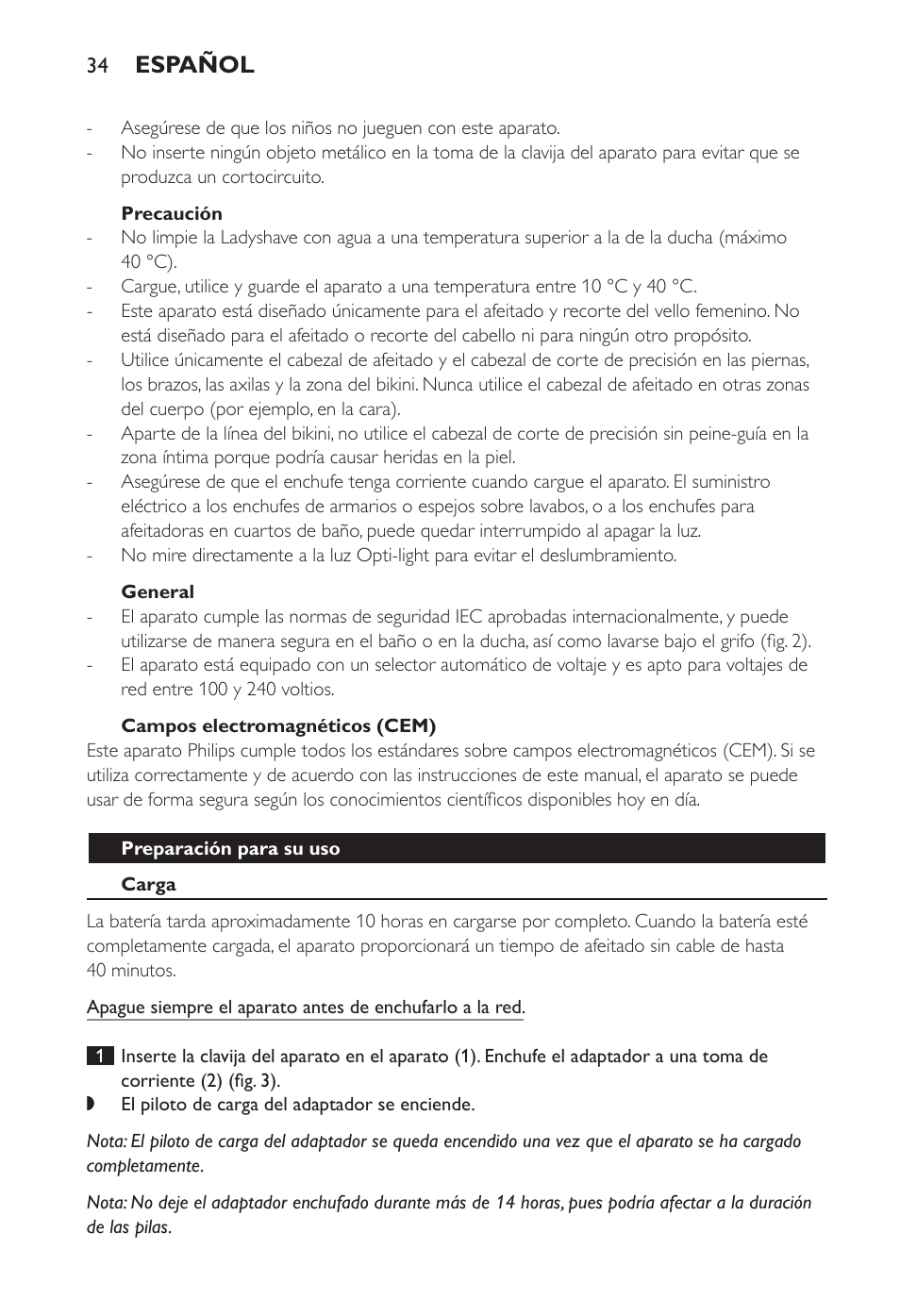 Español | Philips Ladyshave Sensitive User Manual | Page 34 / 108