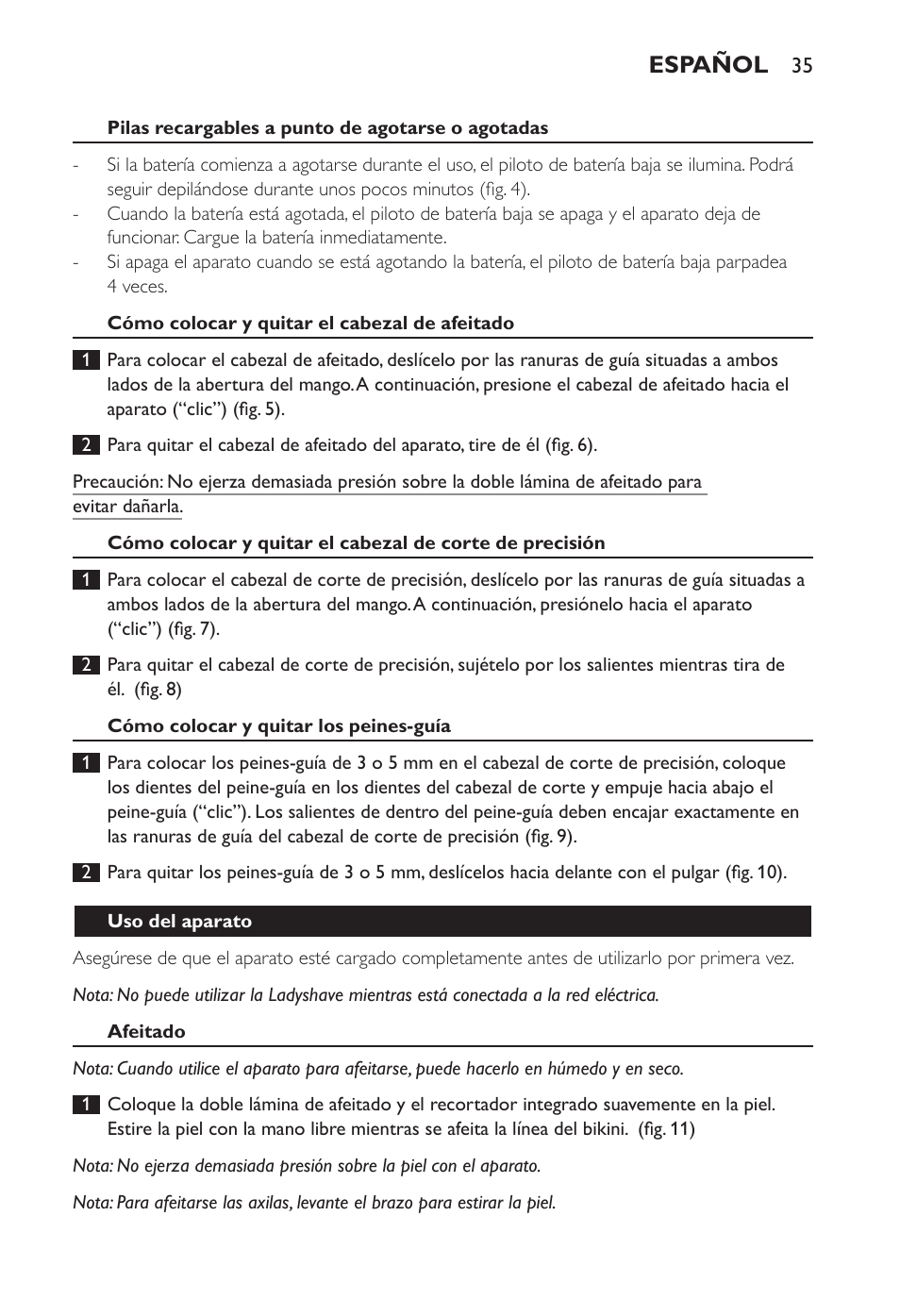 Español | Philips Ladyshave Sensitive User Manual | Page 35 / 108