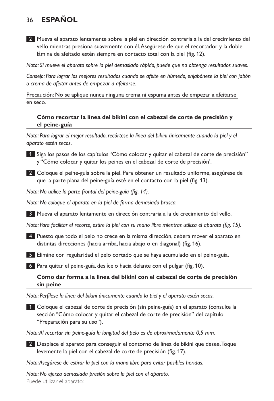 Español | Philips Ladyshave Sensitive User Manual | Page 36 / 108
