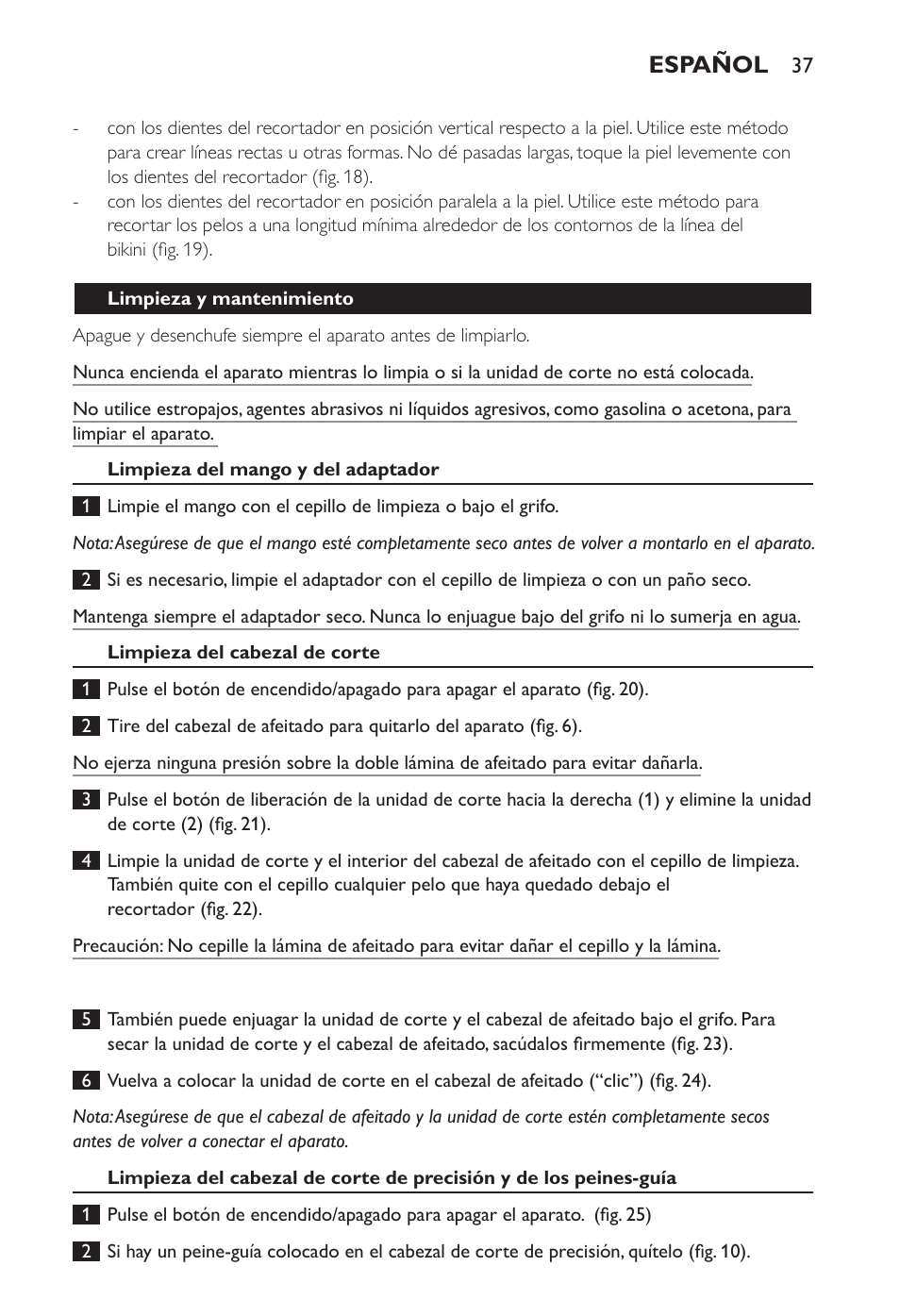 Español | Philips Ladyshave Sensitive User Manual | Page 37 / 108