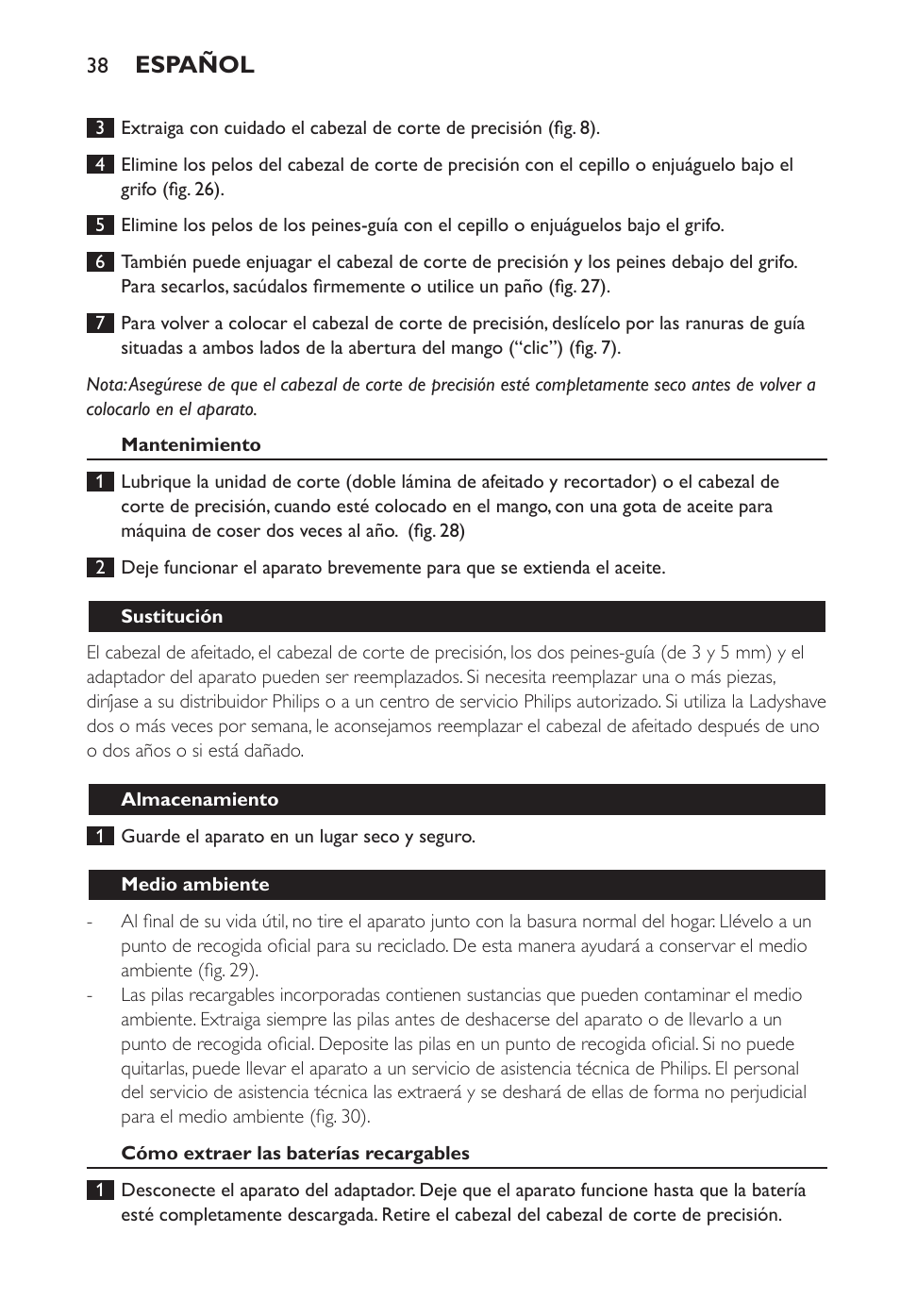 Español | Philips Ladyshave Sensitive User Manual | Page 38 / 108