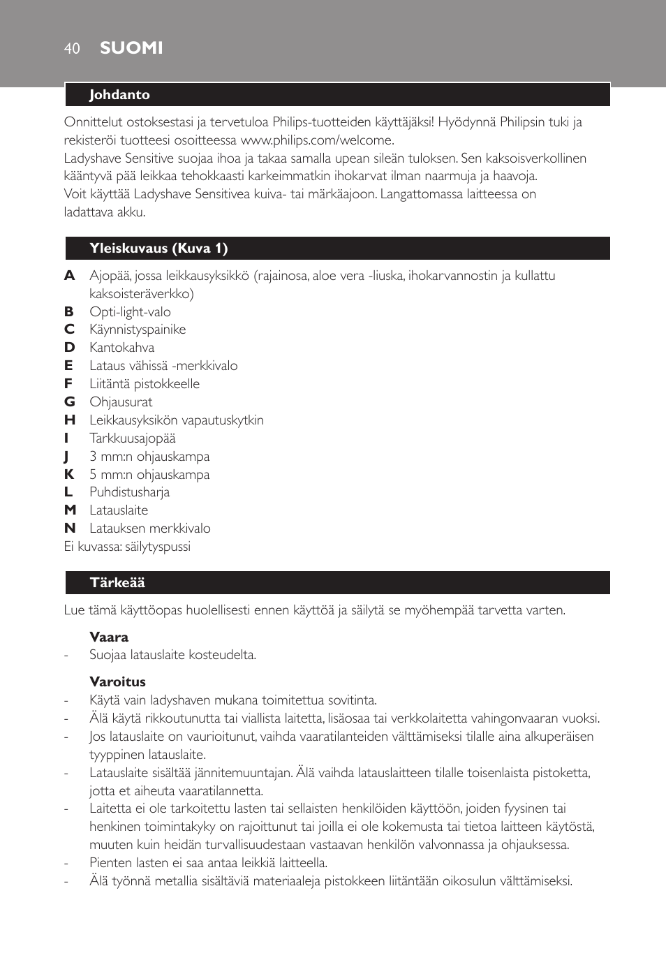 Suomi | Philips Ladyshave Sensitive User Manual | Page 40 / 108