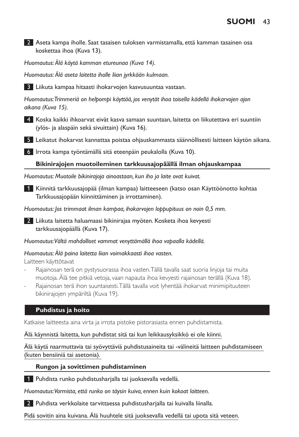 Suomi | Philips Ladyshave Sensitive User Manual | Page 43 / 108