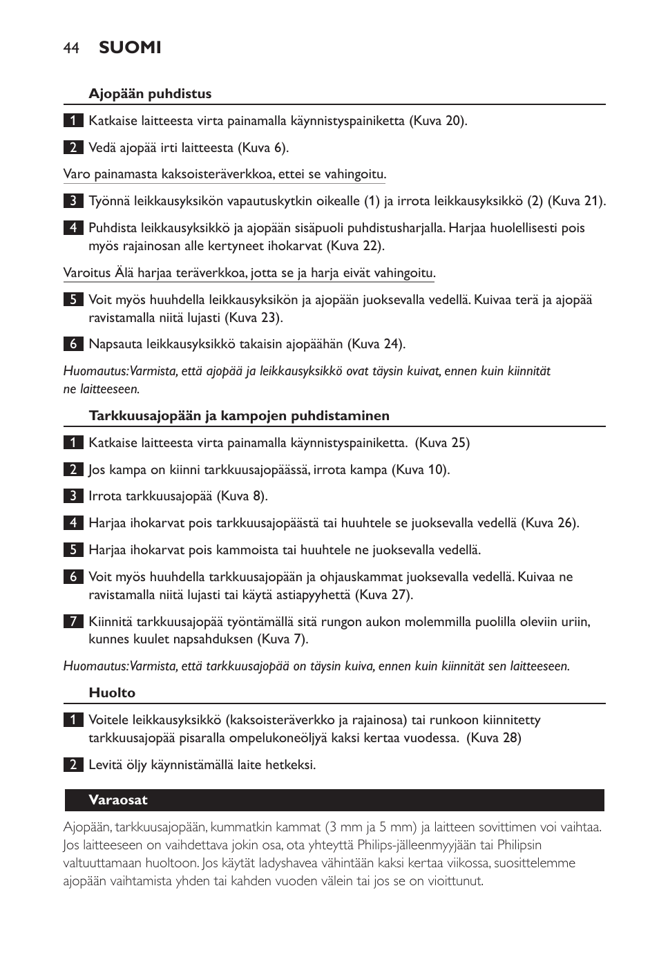 Suomi | Philips Ladyshave Sensitive User Manual | Page 44 / 108
