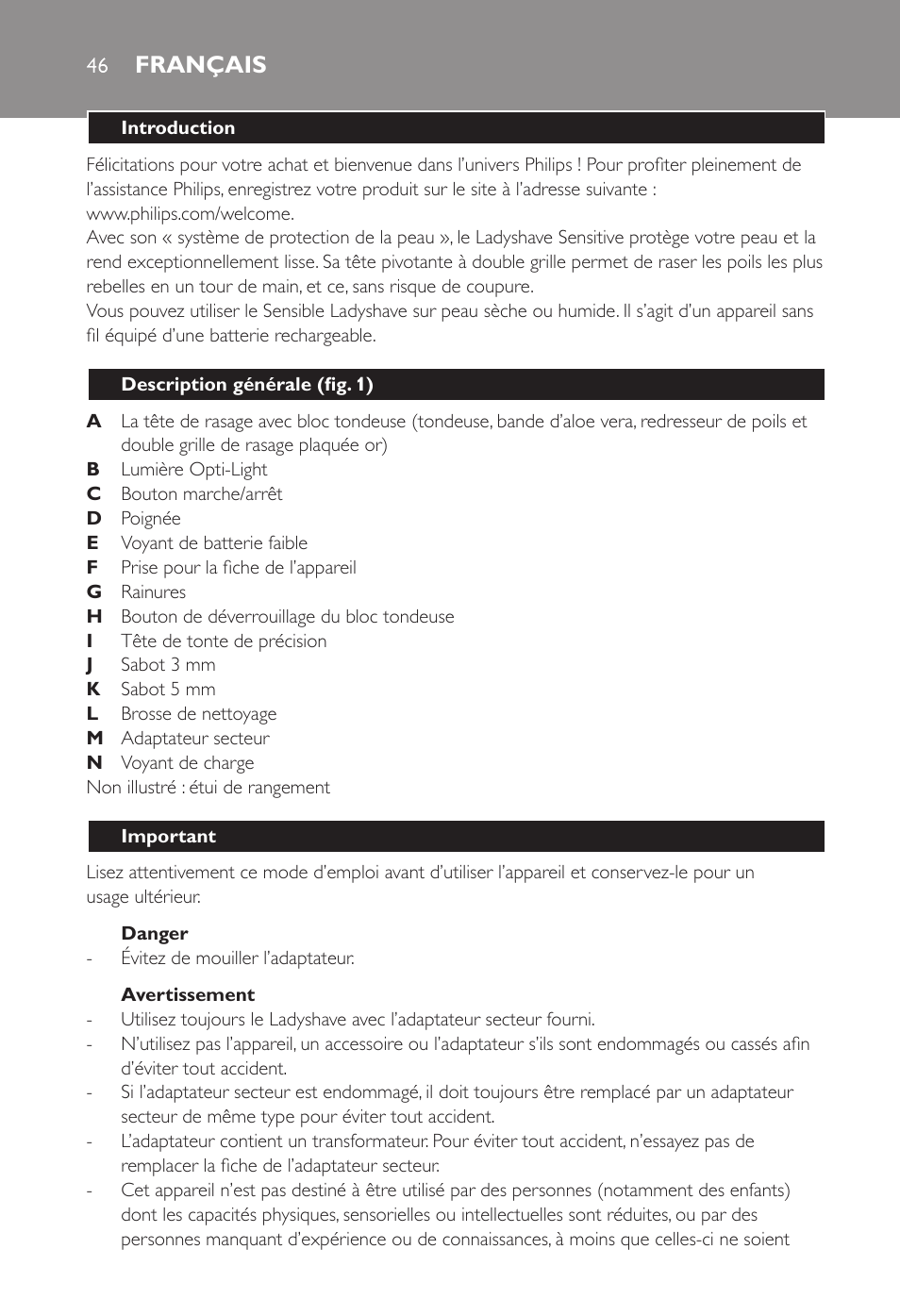 Français | Philips Ladyshave Sensitive User Manual | Page 46 / 108