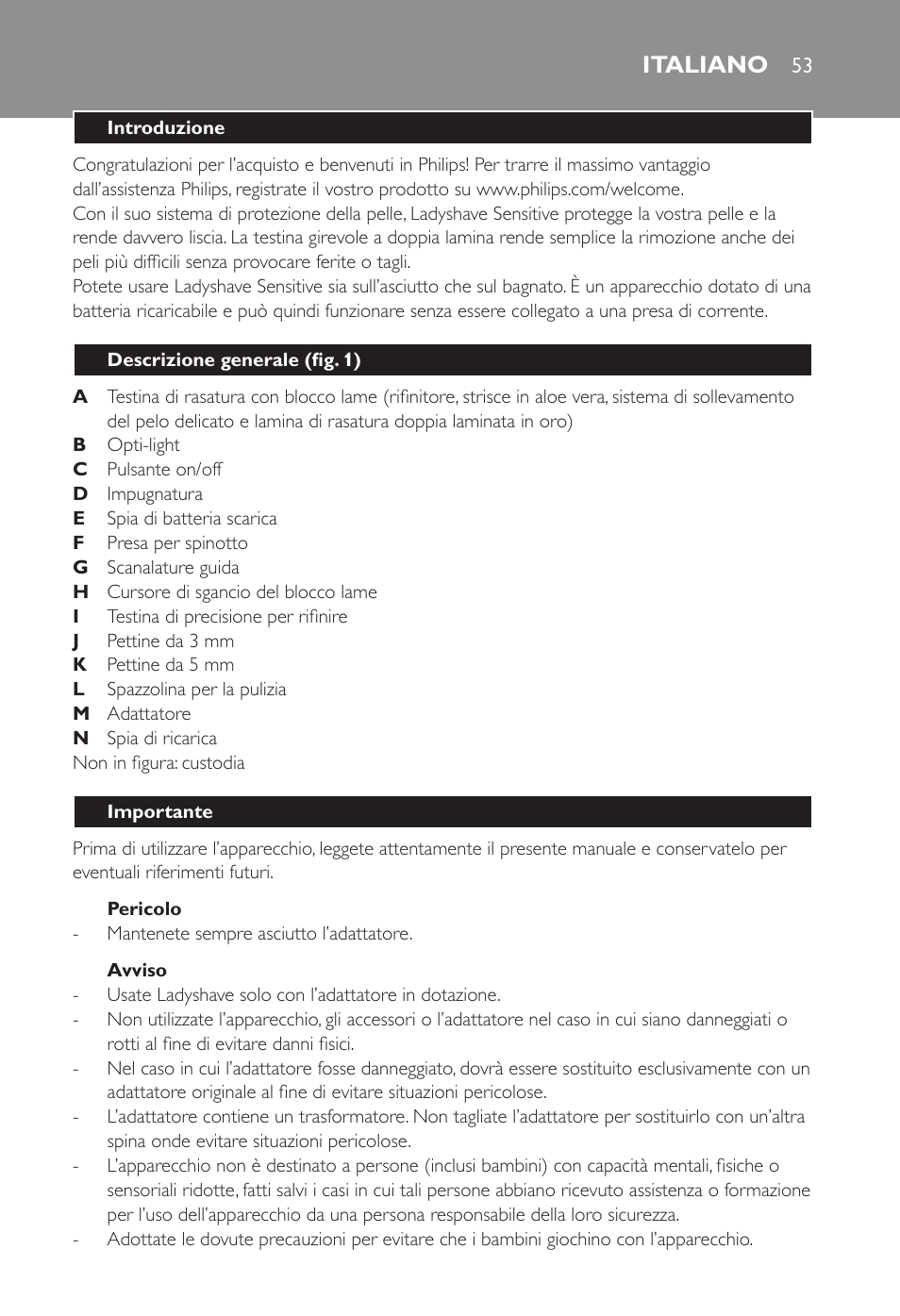 Italiano | Philips Ladyshave Sensitive User Manual | Page 53 / 108