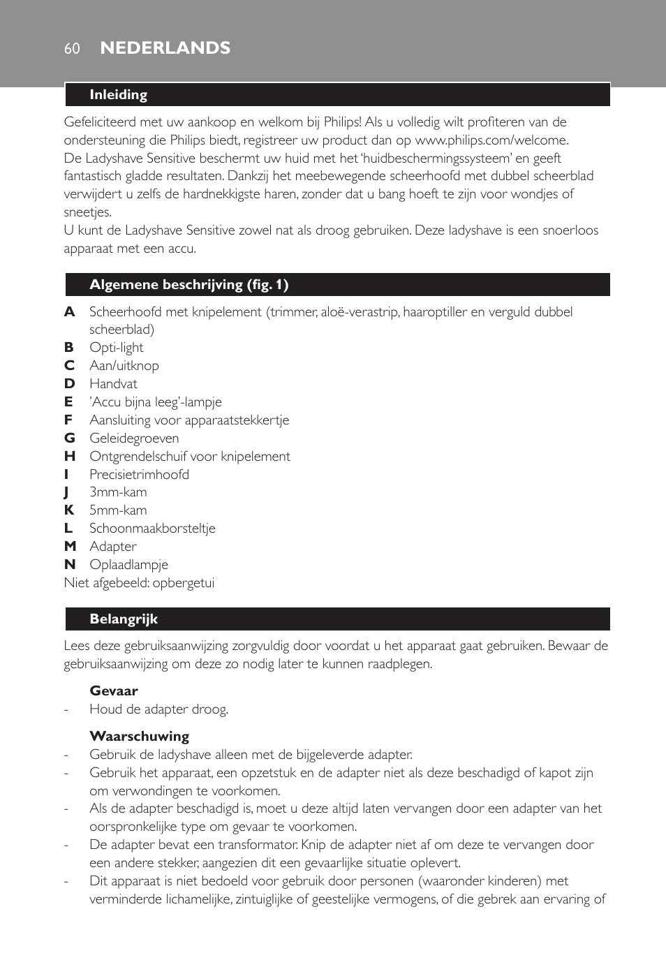 Nederlands | Philips Ladyshave Sensitive User Manual | Page 60 / 108