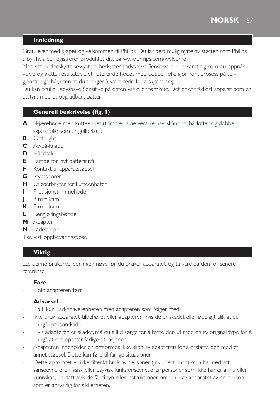 Norsk | Philips Ladyshave Sensitive User Manual | Page 67 / 108