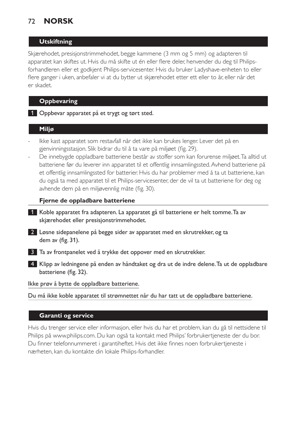 Norsk | Philips Ladyshave Sensitive User Manual | Page 72 / 108