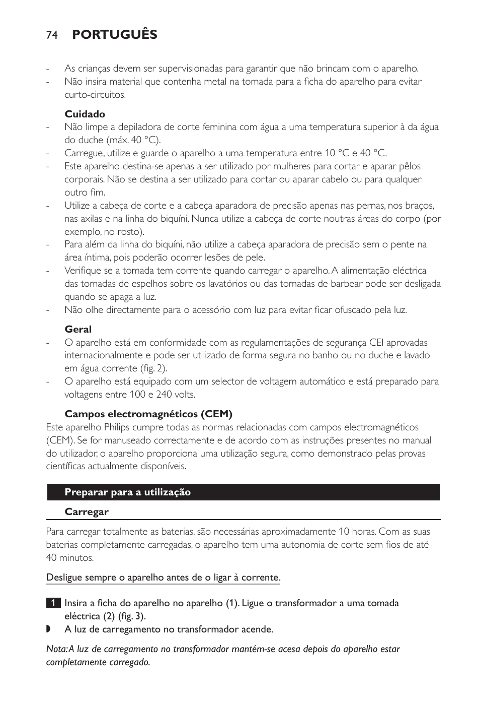 Português | Philips Ladyshave Sensitive User Manual | Page 74 / 108