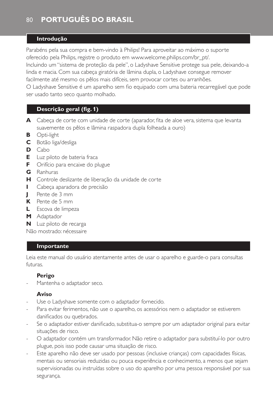 Português do brasil | Philips Ladyshave Sensitive User Manual | Page 80 / 108