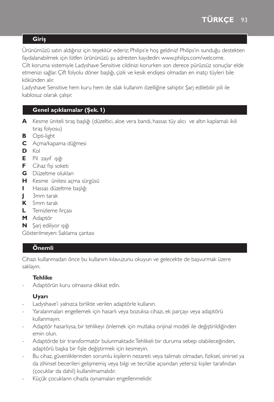 Türkçe | Philips Ladyshave Sensitive User Manual | Page 93 / 108