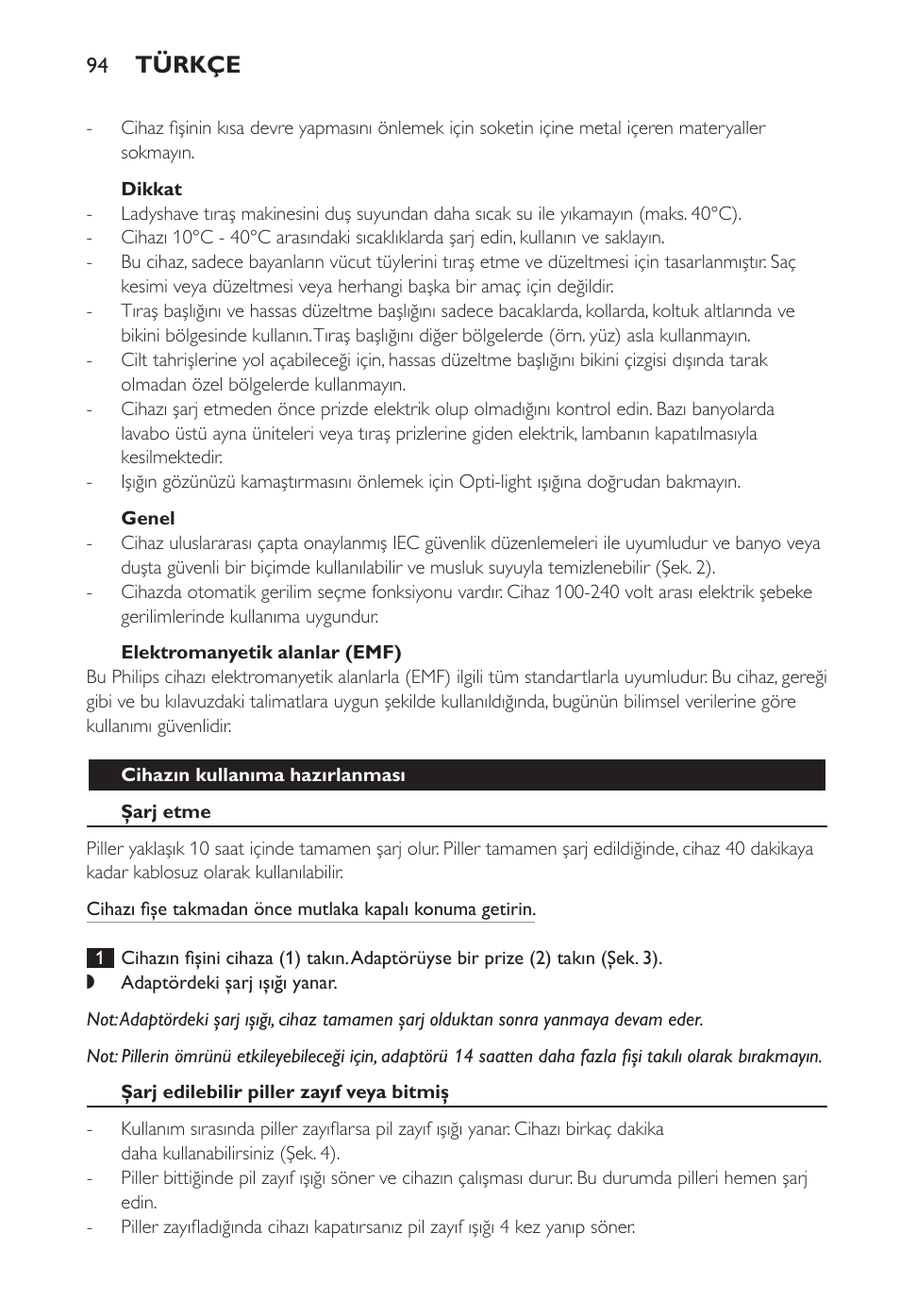 Türkçe | Philips Ladyshave Sensitive User Manual | Page 94 / 108