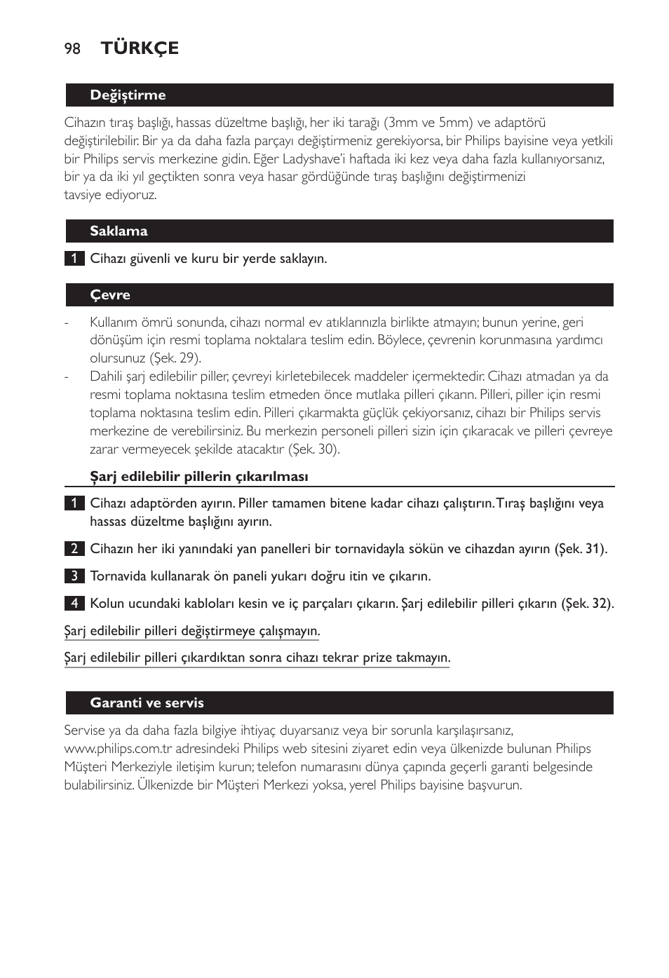 Türkçe | Philips Ladyshave Sensitive User Manual | Page 98 / 108