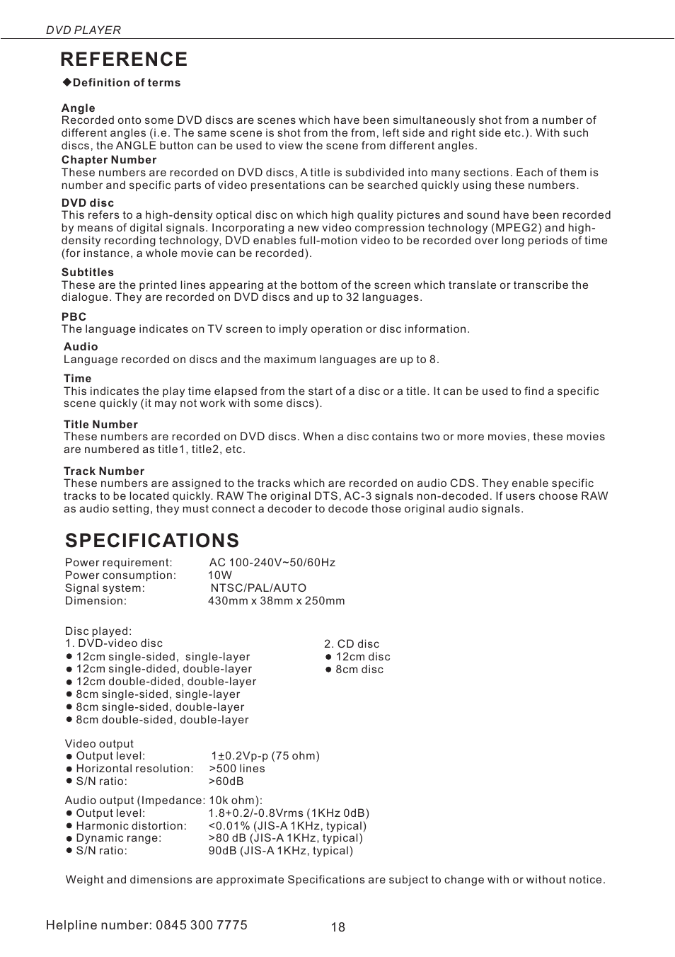 Reference, Specifications | Asda DVD1072UK User Manual | Page 19 / 22